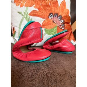 POPPY TIEKS LEATHER BALLET FLATS FOLDABLE VIBRANT RED’ISH ORANGE CORAL SZ 8 EUC
